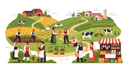 Naklejka premium Agriculture and Farming Community Vector Illustration. Farmers working, harvesting crops, and tending livestock (cows, sheep) in a rural landscape with market stand.