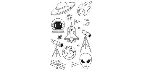 Hand drawn space icons collection featuring rocket ufo alien and astronaut helmet Vector, illustration © Kanu Art_Gallery