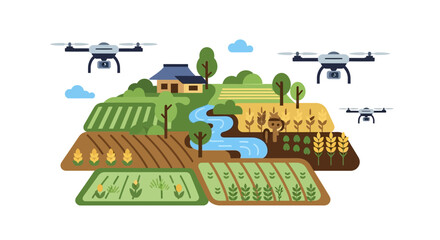 Obraz premium Precision Agriculture Concept: Drones Flying Over Farmland Monitoring Crops and Irrigation. Smart Farming Technology Illustration.