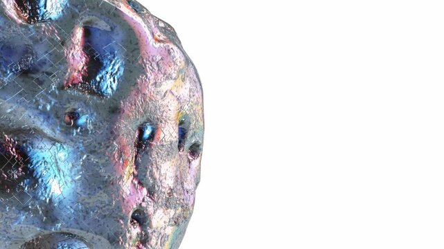 Detailed 3D render of metallic asteroid surface featuring cratered texture and blue pink iridescent reflections isolated on white background