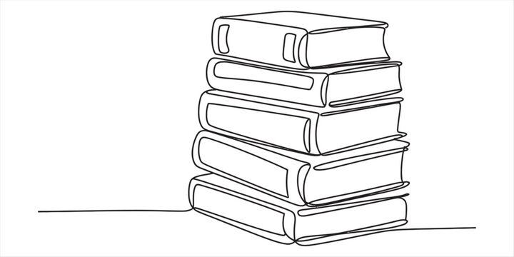 Minimalist continuous line drawing of a tall stack of five hardcover books on a white background. Vector, illustration