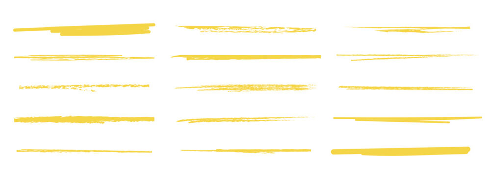 Yellow highlight though set. Underline pencil lines, Doodle elements. Handwritten brush line