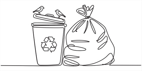 Continuous line drawing of a recycling bin with birds and a garbage bag on a white background. Vector, illustration © Kanu Art_Gallery