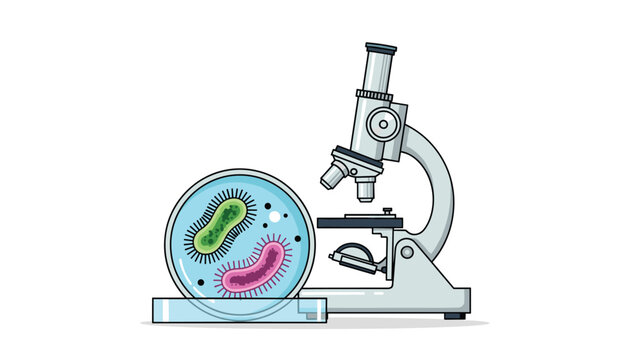 Scientific laboratory equipment with a microscope and a petri dish containing microscopic bacteria or virus cells.