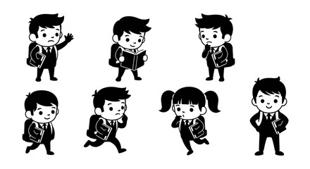 Fototapeta premium Black and White Glyph Cartoon Students Vector Icon Set. School Children with Backpacks and Books for Education and Learning, Cute Kids Character Collection.