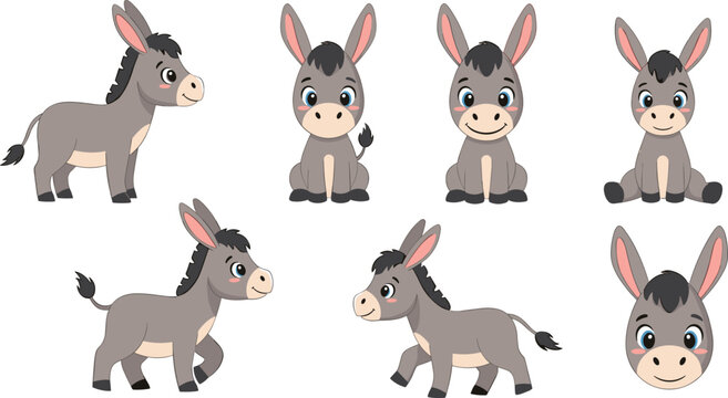 Cute cartoon donkey character set with different poses baby farm animal smiling mascot vector illustration isolated on white background.