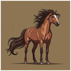 A digital illustration of a brown horse with a flowing mane and tail, presented in a dynamic pose against a solid brown background. Perfect for animal designs, equine themes, and © Nebula