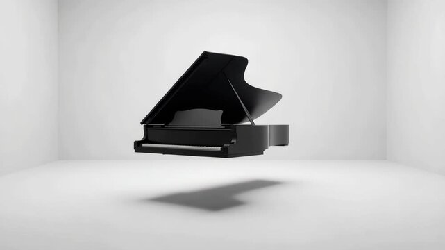 Surreal black grand piano levitating in a minimalistic white room casting a soft shadow below