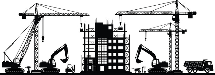 Construction Site Silhouette with Tower Cranes, Excavators, Dump Truck and Building Structure Representing Industrial Development and Heavy Engineering Work Concept © Moslama