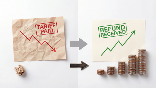 Tariff paid to refund received financial turnaround concept showing business recovery from import duty loss to customs reimbursement gain representing trade tax relief and economic improvement