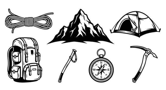 Outdoor Adventure Mountaineering and Camping Equipment Black and White Line Art Set with Mountain, Backpack, Tent, Rope, Compass, Ice Axe.