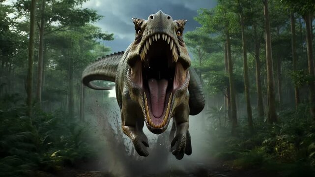 Tyrannosaurus rex charging forward through dense prehistoric jungle with fog and tropical vegetation creating a dramatic cinematic scene