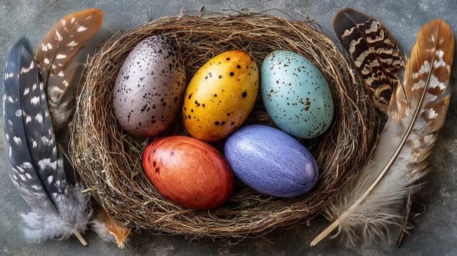 Colorful eggs nestled in natural nest with feathers