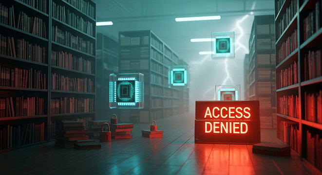 Cybersecurity blockade restricts access displaying warning in digital library during technological trade war showcasing data denial