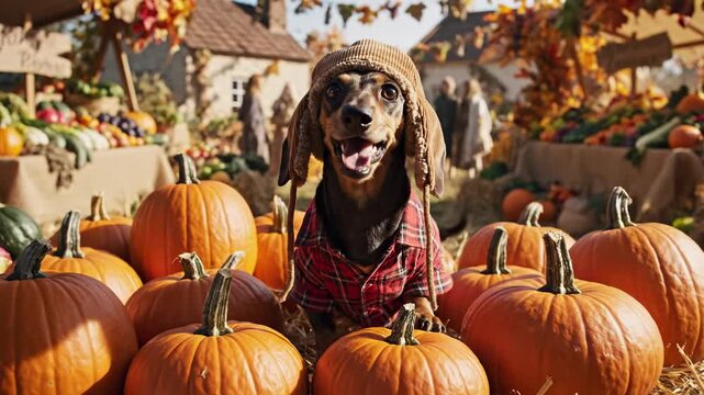 Dog in a hat surrounded by pumpkins at a fall festival.