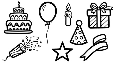 Fototapeta premium Celebration Party Elements Black and White Line Art Set. Hand-drawn outline doodle icons of birthday cake, balloon, candle, gift, party hat, confetti, star, and ribbon.