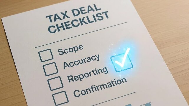 Tax deal checklist featuring scope accuracy reporting confirmation options on paper with glowing checkmark and hand marking confirmation symbolizing business document completion success