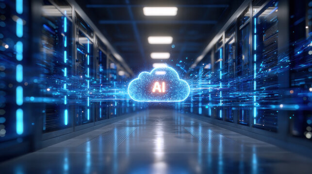 AI cloud icon glowing futuristic data center corridor, blue light streams and server racks conveying advanced cloud computing and artificial