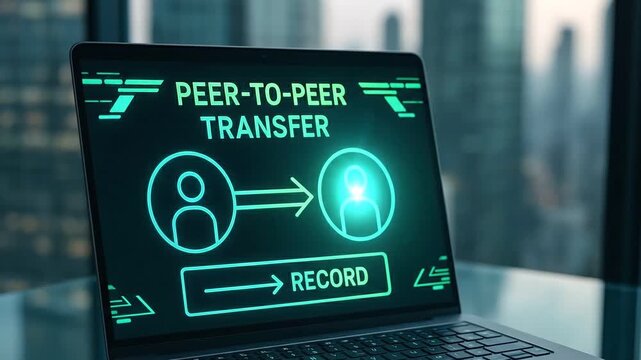 Peer to peer transfer concept on laptop screen with digital icons and record button showcasing modern technology for direct data and file sharing in futuristic glowing blue light interface design