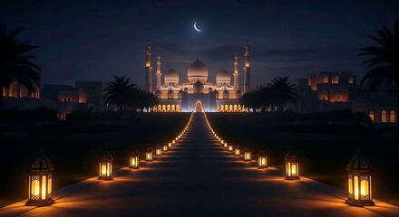 Fototapeta premium Majestic mosque illuminated by lantern pathway under crescent moon night sky. Religion concept