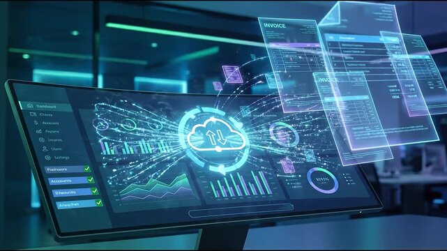 Futuristic digital display with holographic data analytics and cloud computing visuals in a modern office environment