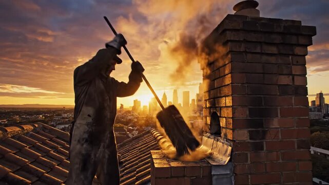 Chimney Sweep Cleaning a Brick Chimney on a Rooftop at Sunset.