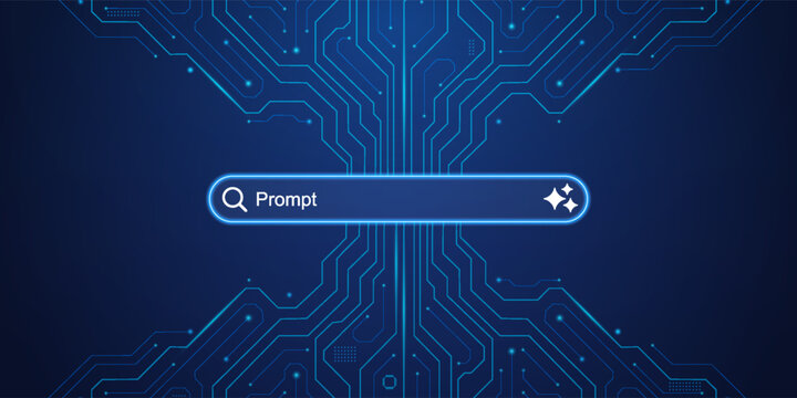 AI generate based on a prompt. Generative and search bar on futuristic blue circuit motherboard. Tech artificial intelligence concept