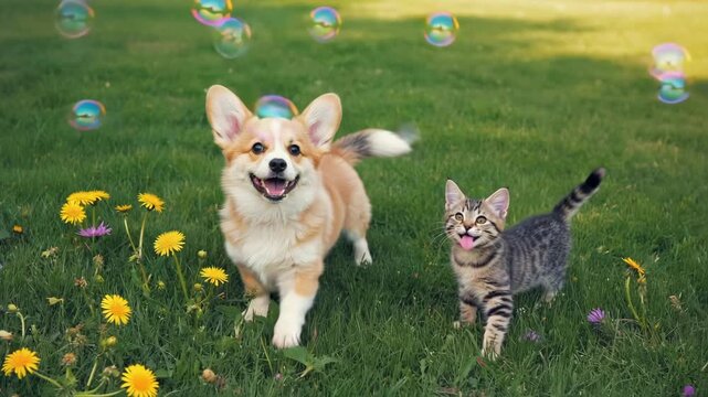 Adorable corgi puppy and cute tabby kitten play together in a sunny field. A sequence of movement showing two pets running happily among flowers and iridescent soap bubbles