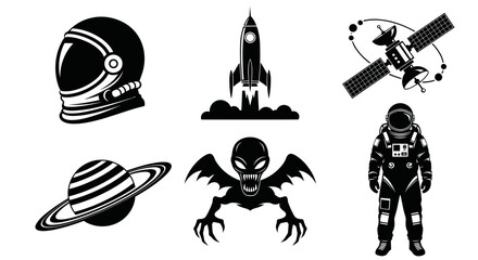 Space and Sci-Fi Glyph Vector Icons Set. Black  White Astronaut, Rocket, Satellite, Saturn, Alien Monster Silhouettes for Exploration Designs.