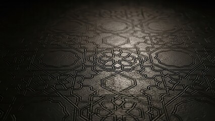 Naklejka premium Dark, elegant, and intricately embossed geometric pattern showcasing a luxurious fusion of traditional arabesque and modern abstract design, rendered on a textured metallic surface with dramatic