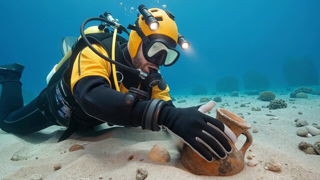 professional scuba diver exploring seabed and uncovering an ancient ceramic vase from sand, representing underwater archaeology and marine exploration