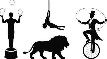 Vintage circus silhouettes set with juggler, trapeze artist, lion, and ringmaster riding unicycle, retro carnival performers vector collection isolated on white. © Shain