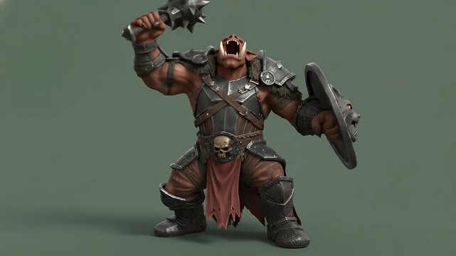 Fierce Armored Orc or Goblin Warrior with Spiked Mace and Wolf Shield, Fantasy Battle