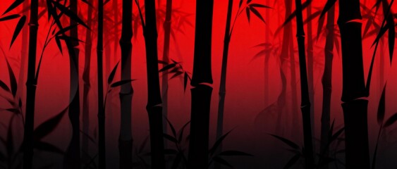 Red and Black Bamboo Forest Silhouette Art