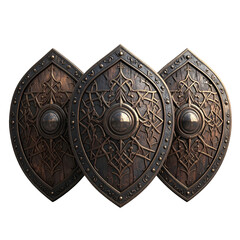 Three intricately designed wooden shields featuring ornate metalwork, isolated against a black backdrop