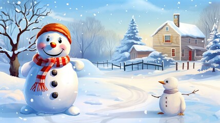 Obraz premium Playful Snowman Greeting Card Scene Featuring Snow-Covered Village and Evergreen Trees