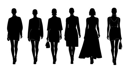 Fashion Industry: Elegant Female Models Silhouettes Walking on Runway - Vector Black and White Illustration of Women's Style Collection