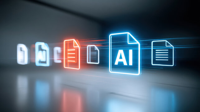 AI file icon and document graphic in neon motion representing intelligent document workflow and secure enterprise compliance