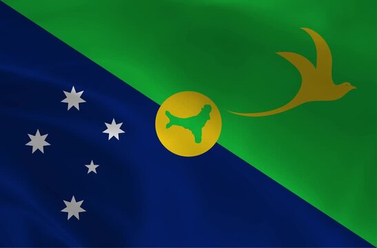 3D Waving Flag of Christmas Island. Realistic Australian Territory National Banner with Golden Bosun Bird Stars