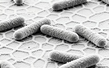 Close-up of rod-shaped bacteria on textured surface