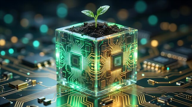 Futuristic Technology Concept Illustration Featuring a Plant Growing Inside a Digital Circuit Cube