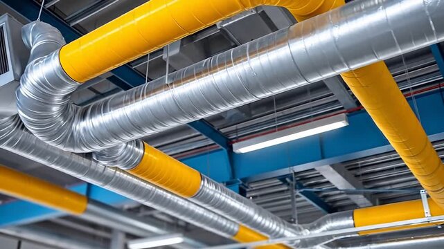Industrial ventilation duct system with yellow and silver metal pipes and insulated air vents on ceiling in modern building interior for efficient HVAC airflow control and clean construction