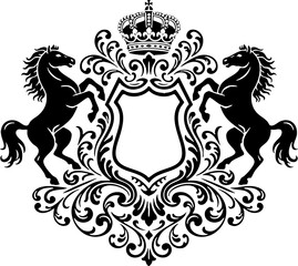 Fototapeta premium Heraldic Crest with Crown and Rearing Horses Emblem Design