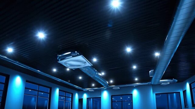 Modern ceiling with blue lighting, ventilation ducts, and bright spotlights in spacious room interior, showcasing duct architecture and modern ceiling lighting for futuristic room ambiance