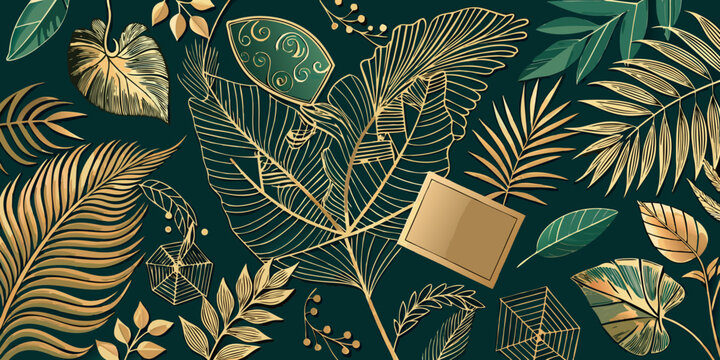 Elegant gold leaf pattern on dark green background for luxury designs, seamless botanical themed background