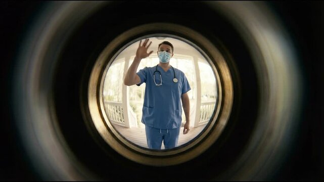 A healthcare professional in scrubs and a mask standing at a door, as seen through a peephole, conveying an atmosphere of safety and readiness
