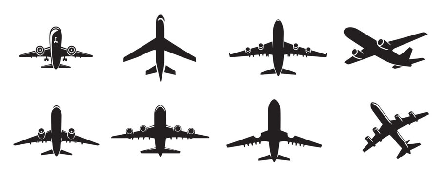 Black airplane icon collection. Set of black plane silhouette icon