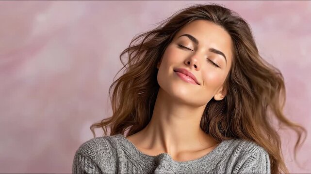 Close-up of a smiling young woman with long, flowing hair against a soft pastel background, exuding calmness and joy