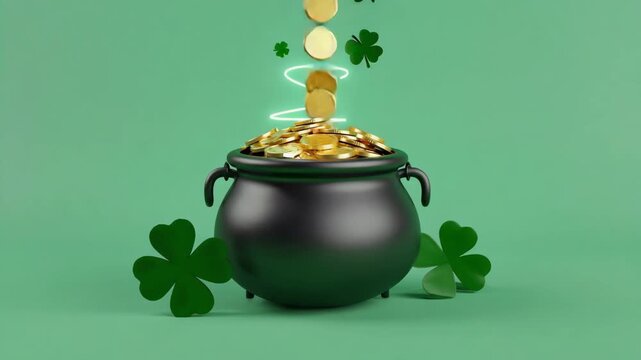 Festive st. Patricks day animation progression with a leprechauns pot of gold. Magical shamrocks and coins fall into the cauldron representing luck and good fortune