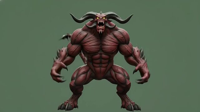 Muscular red demon with horns and sharp claws, a menacing figure from dark fantasy and mythology.